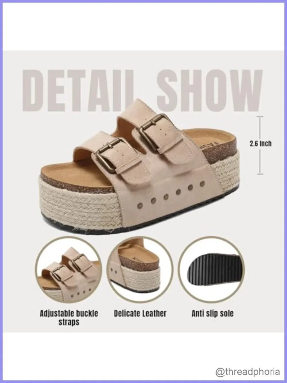 Women's Platform Sandals with Cork Footbed, Double Buckle Slides
